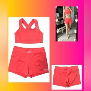 Clinch Gear Neon Coral Orange Sports Bra & Shorts Athletic Two Piece Set